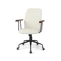 costway fauteuil de bureau à roulette en velours, chaise pivotante réglable,style vintage elégant,accoudoirs en bois de caoutchouc (beige)