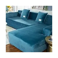 yopoiy velours housse de canapé d'angle, extensible épais housse canapé d'angle, antidérapant protege canape angle protecteur de meubles en peluche lavable pour chiens de compagnie -bleu-3+2 places