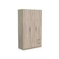 demeyere armoire dressing avec penderie moderne 3 portes 2 tiroirs 4 niches – coloris chêne kronberg-119, bois d'ingénierie, gris, 119,4 x 51,1 x 203 cm