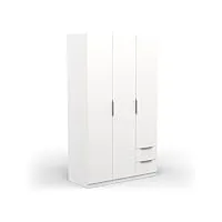 demeyere armoire dressing avec penderie moderne 3 portes 2 tiroirs 4 niches – coloris blanc mat-119, bois d'ingénierie, gris, 119,4 x 51,1 x 203 cm