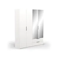 demeyere armoire dressing avec miroirs & penderie moderne 4 portes 5 etagères 2 tiroirs – coloris blanc mat-157, bois d'ingénierie, gris, 157,3 x 51,1 x 203 cm