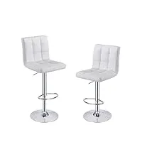 lot de 2 tabourets de bar, chaises haut, hauteur réglable, revêtement en pu, rotatif sur 360°, avec dossier et repose-pieds, pied chromé (blanc)