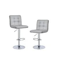 lot de 2 tabourets de bar, chaises haut, hauteur réglable, revêtement en pu, rotatif sur 360°, avec dossier et repose-pieds, pied chromé (gris)