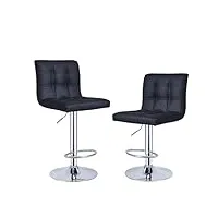 lot de 2 tabourets de bar, chaises haut, hauteur réglable, revêtement en pu, rotatif sur 360°, avec dossier et repose-pieds, pied chromé (noir)