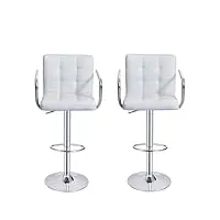 lot de 2 tabourets de bar, chaises haut, hauteur réglable, revêtement en pu, rotatif sur 360°, avec accoudoirs, dossier et repose-pieds, pied chromé (blanc)