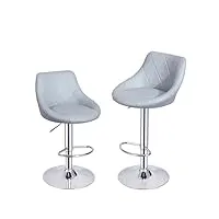 lot de 2 tabourets de bar, chaises haut, hauteur réglable, revêtement en pu, rotatif sur 360°, avec dossier et repose-pieds, pied chromé, 39 cm (l) x 38 cm (l) x 89-109 cm (h) (gris)