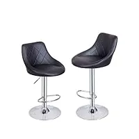lot de 2 tabourets de bar, chaises haut, hauteur réglable, revêtement en pu, rotatif sur 360°, avec dossier et repose-pieds, pied chromé, 39 cm (l) x 38 cm (l) x 89-109 cm (h) (noir)