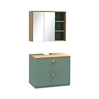 kleankin ensemble de meubles de salle de bain armoire miroir salle de bain + meuble sous lavabo suspendu avec étagères réglables 2 tiroirs design scandinave vert