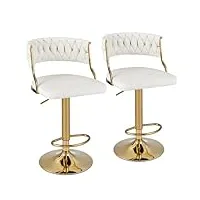 costway tabourets de bar pivotants lot de 2, chaise de bar en velours avec repose-pieds, hauteur assise réglable 60-82 cm, cadre en métal doré, chaise haute pour Îlots de cuisine, bistro