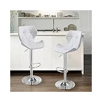lot de 2 tabourets de bar, chaises haut, hauteur réglable, revêtement en pu, rotatif sur 360°, avec dossier et repose-pieds, pied chromé, 49 x 35 x 107-127 cm (blanc)