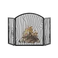 Écrans de cheminée pour cheminée à bois, pare-feu pliable à 3 panneaux avec maille anti-étincelles, pare-feu rustique pour la sécurité des enfants et des animaux domestiques (couleur : noir) (noir)