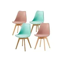 eggree lot de 4 chaises salle à manger scandinaves sgs tested, chaises de cuisine rembourrée rétro avec pieds en bois de hêtre, melange de couleurs 2 vert menthe + 2 rose fumé