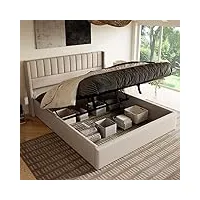 okwish lit capitonné 160 x 200 cm, lit hydraulique avec son design à rayures verticales, lit coffre moderne avec espace de rangement et sommier à lattes en bois, lin, beige (sans matelas)