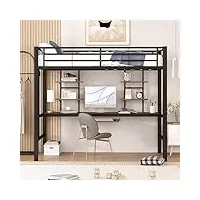 lit en métal polyvalent, lit en fer, lit mezzanine avec bureau et étagères - idéal pour les enfants, les adolescents et les adultes - 90 x 200 cm - noir