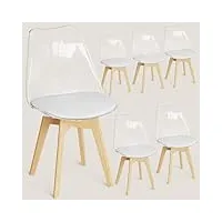 fruogo lot de 6 chaises de salle à manger avec dossier transparent et pieds en bois de hêtre massif - chaises de cuisine rembourrées avec coussin d'assise blanc confortable pour salle à manger,