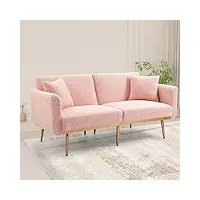 suppneed canapé-lit futon convertible - chaise longue - pieds en métal doré - 2 coussins - canapés modernes pour maison, salon, chambre à coucher (ours en peluche rose)