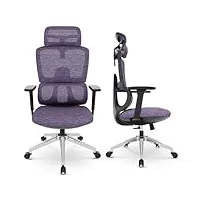 dripex chaise bureau ergonomique, fauteuil de bureau à roulettes pivotantes à 360 ° avec support lombaire ajustable, appui-tête et accoudoir 3d réglable, dossier respirant haute-violette