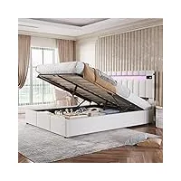 azkoeesy lit double rembourré, 140 x 200 cm, avec espace de rangement, avec coffre de lit, lumière led, lecteur bluetooth et port usb, avec dossier réglable, en velours (beige)