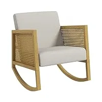 homcom fauteuil à bascule rocking chair design accoudoirs cannage style bohème structure en bois d'hévéa tissu effet lin naturel gris clair