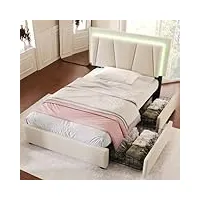 lit 90x200cm, led lit double avec tiroirs, cadres de lit tête de lit réglable en hauteur, lit en lin avec de la tête de lit pour adultes et adolescents, lit en lin(matelas non inclus) beige