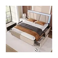 lit 140x200cm, led lit double avec tiroirs, cadres de lit tête de lit réglable en hauteur, lit en lin avec de la tête de lit pour adultes et adolescents, lit en lin(matelas non inclus) beige