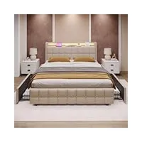 lit 160x200cm,rembourré cadre de lit avec lattes, lit avec fonction de chargement usb,lit double rembourré avec 4 tiroirs, led tête de lit en tissu en lin (sans matelas) beige