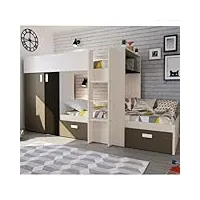 lit superposé siesta pour deux enfants avec armoire et tiroirs couleur blanc vintage beige et marron