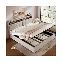 cadres de lit 140x200 cm, adulte lilit double rembourré avec tête de lit et prise usb c, cadre de lit en lin, lit pour adolescent avec sommier à lattes (sans matelas) beige