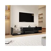 meuble tv de 170 cm avec éclairage led, 2 tiroirs, étagère en verre, meuble tv bas, façades en noir brillant