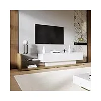 azkoeesy meuble tv bas de 170 cm - blanc brillant - avec éclairage led - avec 2 tiroirs - Étagère en verre - meuble de salon moderne (blanc)