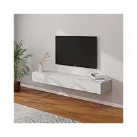 povison meuble tv flottant moderne 180cm avec 4 tiroirs, meuble tv suspendu pierre frittée blanche, etagère tv avec rangement pour salon, aucun assemblage requis, 180 * 40 * 20cm