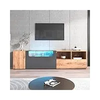 kecduey meuble tv bas de 190 cm avec lumières led à changement de couleur et plateau en verre avec compartiments et portes - meuble de salon en gris foncé et bois - style maison de campagne naturelle