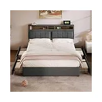 komhtom lit rembourré lit double avec 4 tiroirs de rangement cadre de lit plateforme avec support à lattes en bois(sans matelas) (gris, 160x200 cm)