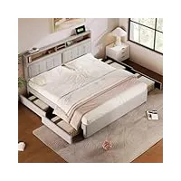komhtom lit rembourré lit double avec 4 tiroirs de rangement cadre de lit plateforme avec support à lattes en bois(sans matelas) (beige clair, 140x200 cm)