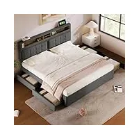 komhtom lit rembourré lit double avec 4 tiroirs de rangement cadre de lit plateforme avec support à lattes en bois(sans matelas) (gris, 140x200 cm)