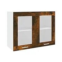 toshilian meuble haut de cuisine, armoire de cuisine murale élément haut armoire en verre suspendue chêne fumé 80x31x60 cm