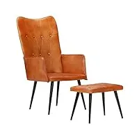 prolenta premium - fauteuil à oreilles avec repose-pieds en cuir véritable marron