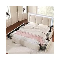 aufun lit double capitonné 140 x 200 cm avec éclairage led et 4 tiroirs, avec tête de lit réglable en hauteur & coffre de lit, pour adultes & adolescents, beige (sans matelas)