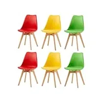 h.j wedoo lot de 6 chaises de salle à manger scandinaves, moderne chaise de cuisine avec rembourrée & bois de hêtre massif,rouge + jaune+vert