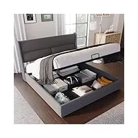 komhtom lit double rembourré cadre de lit plateforme avec rangement sous le lit, lit coffre avec appuie-tête réglable, sommier à lattes en bois(sans matelas) (160x200cm)