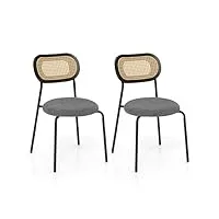 costway lot de 2 chaises de salle à manger en rotin, siège ronde rembourrée en tissu de lin, design cannage, chaise cuisine hauteur d’assise 46 cm, 4 pieds en métal, style bohême