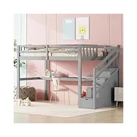 i0i&i0i lit mezzanine, pour enfant, avec bureau et espace de rangement, en bois massif, gris, idéal pour l'ordre et l'apprentissage, gris