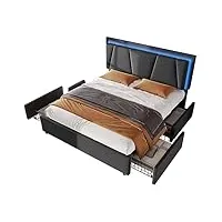 hengmei lit boxspring lit avec tiroirs 160x200 cm, avec support latéral éclairage led, cadre de lit avec sommier à lattes coffre de lit, gris avec matelas