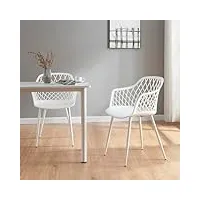 [en.casa] lot de 2 chaises de salle à manger ensemble de 2 chaises confortables set de 2 chaises avec accoudoirs pour salon bureau plastique métal 82 x 56 x 52 cm blanc
