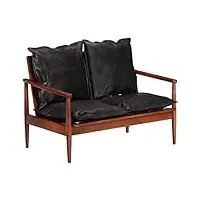canapé 2 places, fauteuil salon chaise longue canapé 2 places noir cuir véritable et bois d'acacia solide