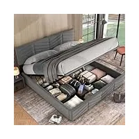 komhtom lit coffre avec tete de lit, lit double rembourré avec rangement sous lit, cadre de lit, sommier à lattes en bois(sans matelas) (gris, 160 x 200cm)