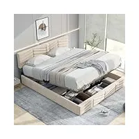 komhtom lit coffre avec tete de lit, lit double rembourré avec rangement sous lit, cadre de lit, sommier à lattes en bois(sans matelas) (beige, 140 x 200cm)