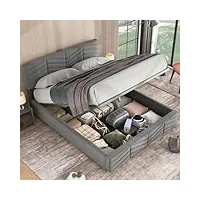 komhtom lit coffre avec tete de lit, lit double rembourré avec rangement sous lit, cadre de lit, sommier à lattes en bois(sans matelas) (gris, 140 x 200cm)