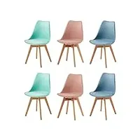 eggree lot de 6 chaise salle à manger scandinaves sgs tested, chaise rembourrée de cuisine, rétro chaise de bureau avec pieds en bois de hêtre massif, vert menthe, rose et morandi bleu clair