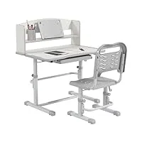 zonekiz bureau enfant avec chaise en acier - ensemble bureau et chaise hauteur réglable - étagère, tablette coulissante multi-rangement, bureau inclinable 45° - gris blanc